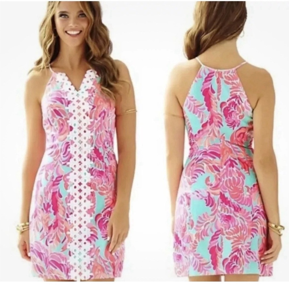Lilly Pulitzer Pearl Shift Dress Poolside Love Birds Lace Detail 4 lined